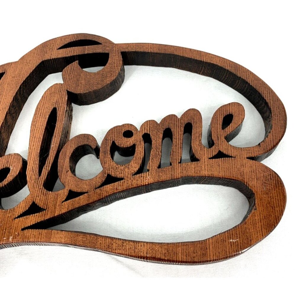 Welcome Sign Cut Wood Script Lettering Brown Wall Decor Handcrafted 13" - Picture 3 of 8